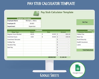 Pay Stub Calculator Google Sheets Payroll Earnings Statement Gross Net Pay Tax Deduction Template