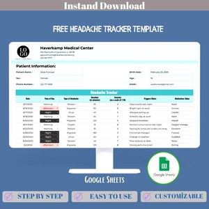 Free Headache Tracker Google Sheets Template For Daily Symptom Monitoring, Trigger Tracking, Pain Levels And Health Pattern Analysis