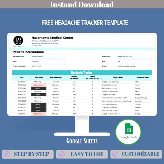 Headache Tracker Google Sheets Migraine Symptom Log Pain Diary Trigger Monitoring Health Journal Template