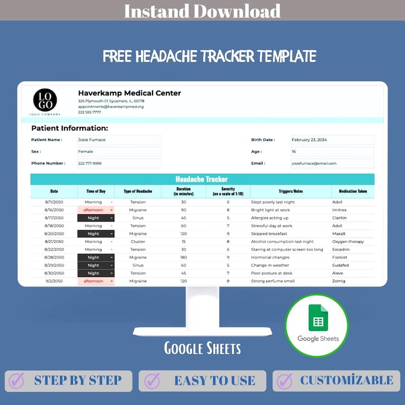 Free Headache Tracker Google Sheets Template, Migraine Log Journal, Daily Pain Record Sheet, Editable Health Symptom Tracker