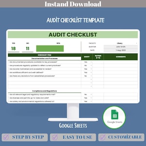 Modello di checklist di audit, download digitale, fogli Google modificabili, audit interno, monitoraggio della conformità, valutazione del rischio, report