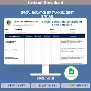 Plantilla de seguimiento del Programa de Educación Individualizada (IEP) para Educación Especial, Hojas de cálculo de Google para docentes, Seguimiento del progreso, Seguimiento de objetivos, Informes de rendimiento estudiantil