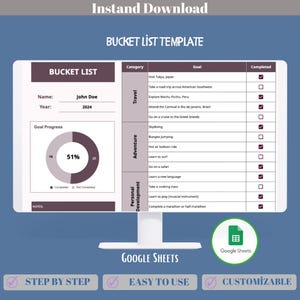 Bucket List Template, Google Sheets, Zielplaner, Reise- und Abenteuer-Checkliste, Lebensziel-Tracker, persönliche Wunschliste, Traumziel-Tracker