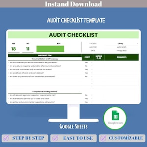 Audit Checklist Template, Digital Download, Editable  Google Sheets, Internal Audit, Compliance Tracking, Risk Assessment, Reports