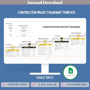 Plantilla de hoja de ruta para proyectos de construcción, Hojas de cálculo de Google, Planificador de cronogramas para pequeñas empresas, Rastreador de hitos, Herramienta de mapeo del cronograma del proyecto