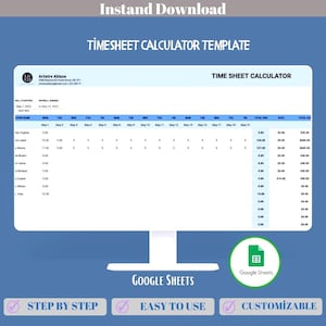 Plantilla de calculadora de hojas de horas, hoja de cálculo de horas de nómina, registro de salarios de empleados, herramienta de Google Sheets, planificador de registro de tiempo semanal