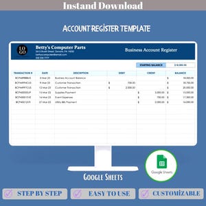 Account Register Ledger For Small Business, Google Sheets Template To Track Transactions, Balances, Entries And Financial Records