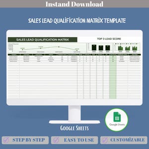 May include: A computer monitor displays a "Sales Lead Qualification Matrix Template" in a spreadsheet format. The screen shows data tables and charts. The words "Google Sheets", "Step by Step", "Easy to Use", and "Customizable" are also visible.