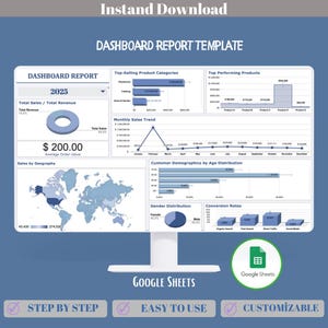 Dashboard Report Google Sheets Template For Business KPIs, Sales Metrics, Project Status, Data Visualization, And Performance Insights