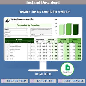 Construction Bid Tabulation Google Sheets Bid Comparison Tracker Contractor Pricing Analysis Template Dashboard