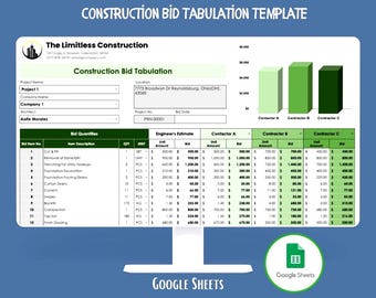Construction Bid Tabulation Google Sheets Bid Comparison Tracker Contractor Pricing Analysis Template Dashboard
