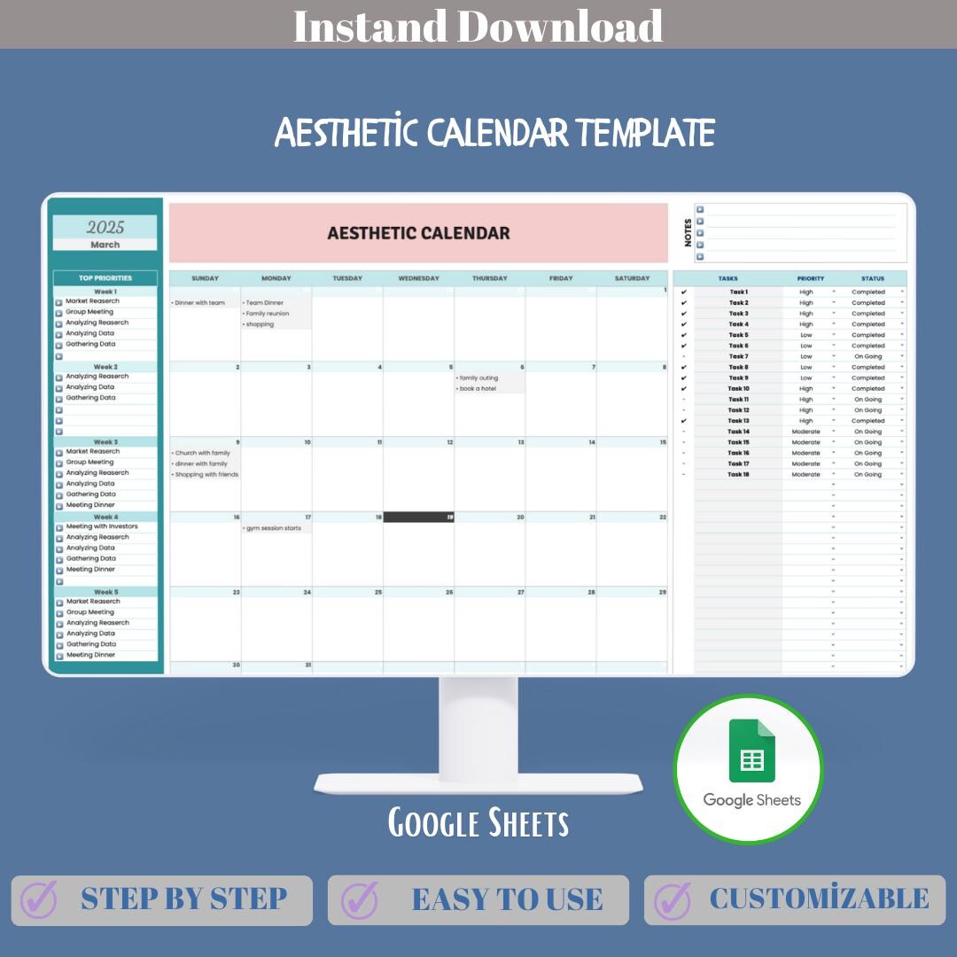 Aesthetic Calendar Template Google Sheets, Minimal Editable Planner ...