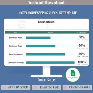 Lista de verificación de limpieza de hoteles para pequeñas empresas, programa de limpieza de habitaciones en Hojas de Cálculo de Google, tareas diarias, seguimiento del personal y control de calidad.