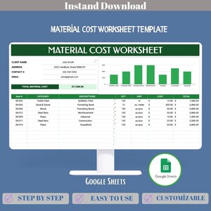 Materialkosten-Arbeitsblatt (Google Sheets) | Baustoffpreise | Kostenrechner | Ausgabenverfolgung | Projektbudgetvorlage