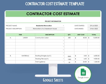Contractor Cost Estimate Template Google Sheets,Editable Construction Bid Sheet,Job Pricing Calculator,Labor Material Cost Log