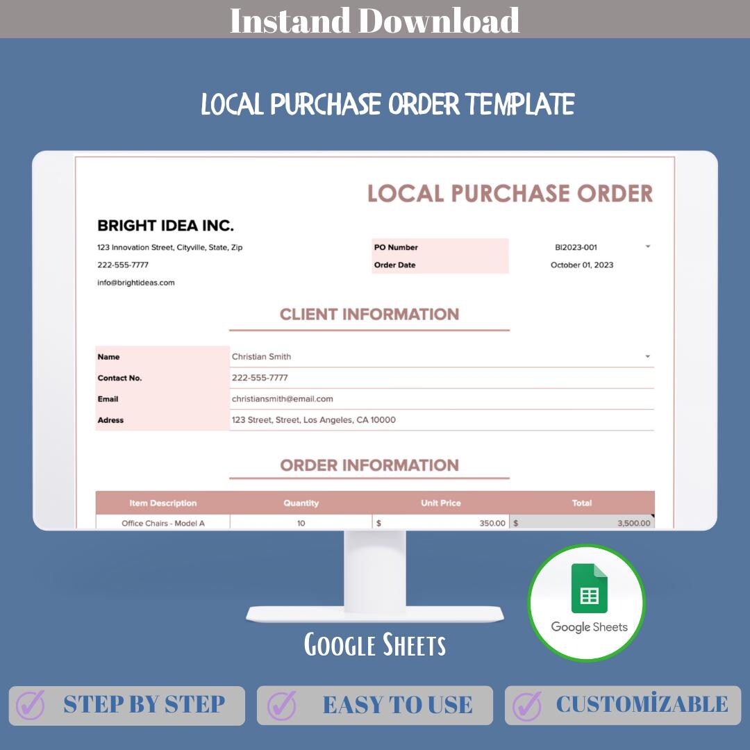 Local Purchase Order Template Google Sheets, Editable Vendor Order ...