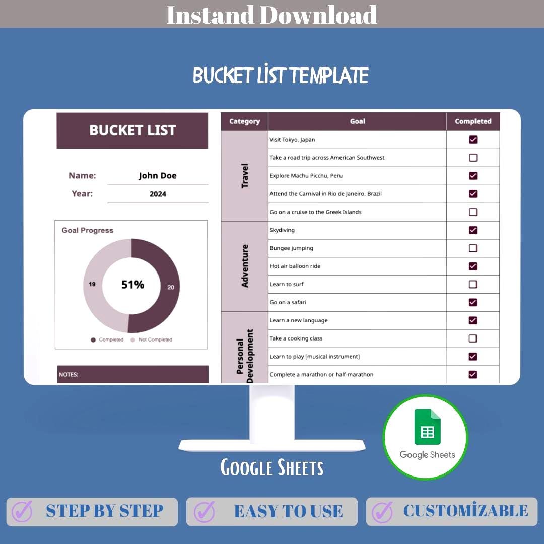 Bucket List Planner Template Google Sheets Small Business Goal Tracker ...