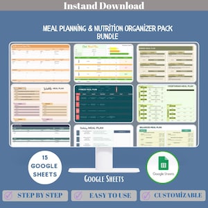 Meal Planning And Nutrition Organizer Pack Bundle Google Sheets | Weekly Meal Prep, Diet Tracking, Grocery Lists, Healthy Lifestyle