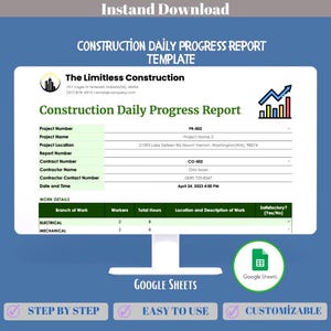Construction Daily Progress Report Template Google Sheets, Editable Site Log Sheet, Work Task Tracker, Contractor Project Checklist