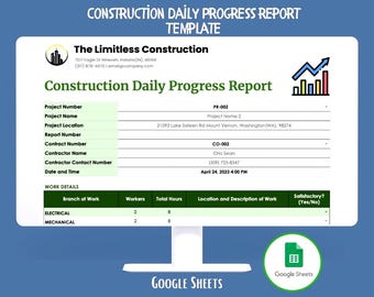 Sjabloon bouw dagelijks voortgangsrapport Google Spreadsheets, bewerkbaar sitelogboek, werktaaktracker, checklist aannemerproject