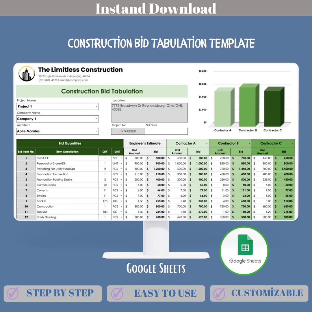 Construction Bid Tabulation Template Google Sheets, Editable Contractor Quote Comparison, Project Cost Estimation Sheet Tracker
