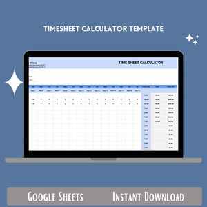 Pode incluir: Uma captura de tela de um modelo de calculadora de folha de tempo do Google Sheets. O modelo inclui colunas para data, hora, horas totais, taxa e pagamento total. O modelo foi projetado para ajudar os usuários a rastrear suas horas de trabalho e calcular seus ganhos.