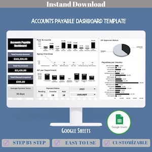 Accounts Payable Dashboard Google Sheets Vorlage für Rechnungsverfolgung, Lieferantenzahlungen, Alterungsanalayse und Bargeldumlaufkontrolle