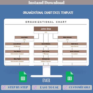 Organizational Chart Excel Template, Visualize Company Structure, Map Roles, Manage Team Hierarchy, Editable Org Chart for Business Use