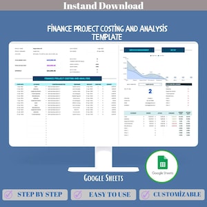 Panel de finanzas para el análisis de costos del proyecto, plantilla de Hojas de cálculo de Google para control presupuestario, seguimiento de gastos, previsión de costos y revisión de ganancias.