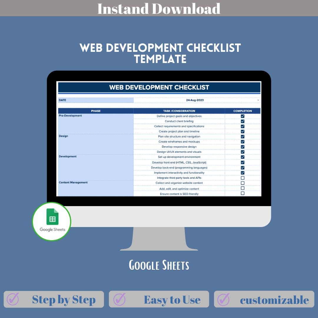 Web Development Checklist Template, Digital Download, Editable Excel or Google Sheets, Plan ...