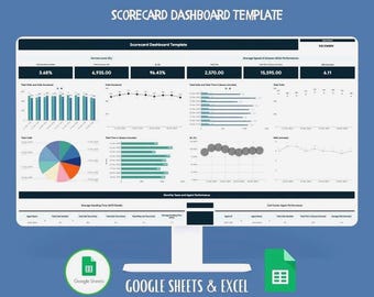 Peut inclure: Un écran d'ordinateur affiche un modèle de tableau de bord de scorecard pour Google Sheets et Microsoft Excel. L'écran présente diverses visualisations de données, notamment des graphiques en barres, des graphiques circulaires et des graphiques linéaires. Le texte comprend "Step by Step", "Easy to Use" et "Customizable".
