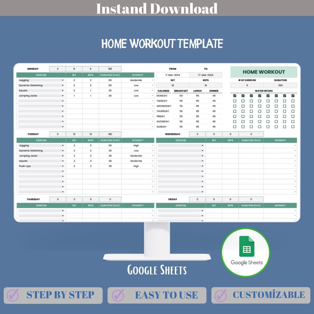 Home Workout Template, Digital Download, Editable Google Sheets, Easy to Use, No Equipment ...