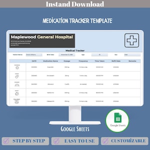 Medication Tracker Google Sheets Template, Pill Reminder Log, Daily Medical Dosage Scheduler Spreadsheet,Dosage,Timing, And Refill Reminders