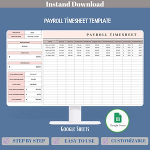 Plantilla de hoja de horas de nómina de Google Sheets, registro de horas de trabajo de empleados, registro de nómina editable, hoja de cálculo para calcular la hoja de horas del personal