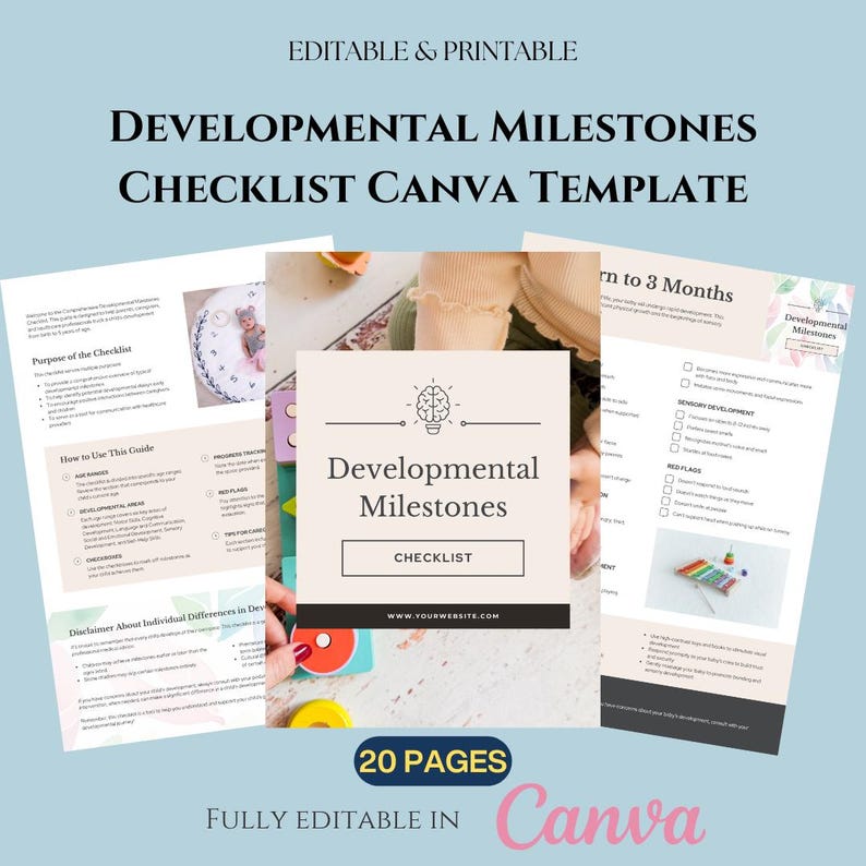 Developmental Milestones Checklist, Canva Editable Template, Early ...