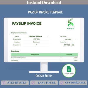 Payslip Invoice Google Sheets Template For Employee Salary Breakdown, Deductions, Taxes, Benefits, And Monthly Payroll Documentation
