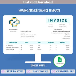 Factura de servicios de enfermería para pequeñas empresas: plantilla de Google Sheets para gestionar la facturación de clientes, horas de servicio, pagos e historiales médicos.