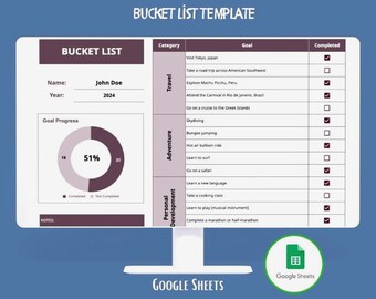 Bucketlist Google Sheets Levensdoelen Avontuurlijke reiservaringen Persoonlijke doelen Droomplanner Checklistsjabloon