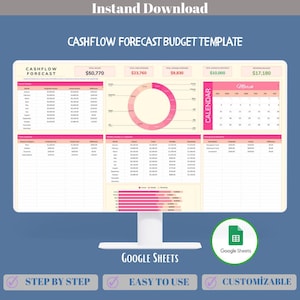 Pode incluir: Um ecrã de computador a mostrar um modelo de folha de cálculo do Google Sheets para um orçamento de previsão de fluxo de caixa. O modelo inclui um calendário, categorias de rendimentos e despesas, e um gráfico circular. O texto "Download instantâneo", "Modelo de orçamento de previsão de fluxo de caixa" e "Google Sheets" é visível no ecrã. O modelo é personalizável e fácil de usar.