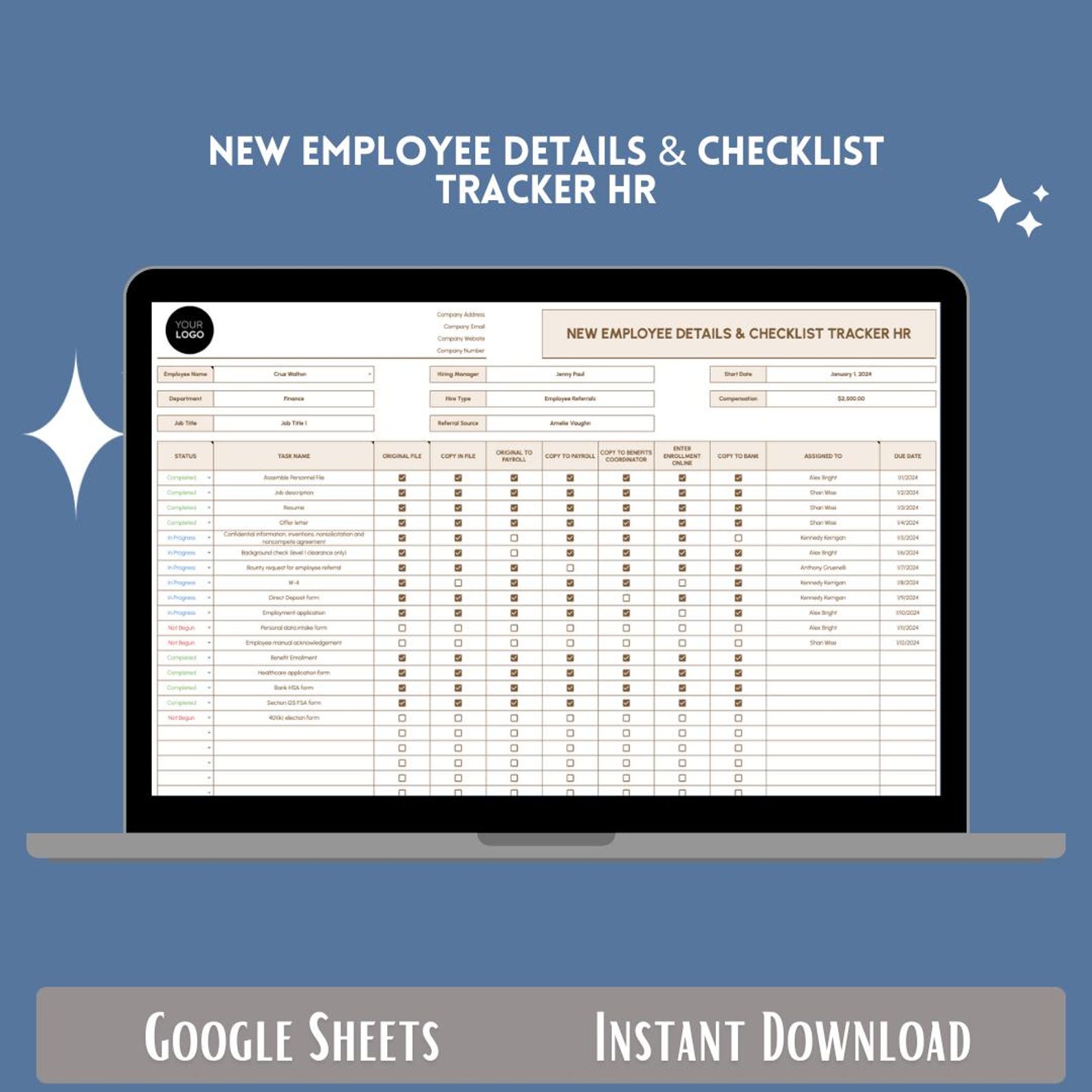 New Employee Details Checklist Tracker HR Google Sheets Employee ...