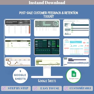 Puede incluir: Un kit de herramientas digital para la retroalimentación y retención de clientes postventa, mostrado en una pantalla de ordenador. La imagen muestra varias visualizaciones de datos y hojas de cálculo, con el texto "9 Google Sheets", "Paso a paso", "Fácil de usar" y "Personalizable".