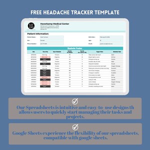 May include: A digital headache tracker template on a computer screen. The template includes sections for patient information, headache details, triggers, and medication taken. The template is titled "Free Headache Tracker Template".