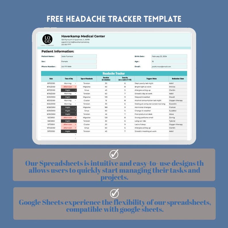May include: A digital headache tracker template on a computer screen. The template includes sections for patient information, headache details, triggers, and medication taken. The template is titled "Free Headache Tracker Template".