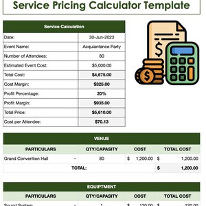 Puede incluir: Una plantilla de calculadora de precios de servicio para una empresa de catering llamada Red Dragon Catering. La plantilla incluye una sección para el cálculo del servicio, el lugar y el equipo. La sección de cálculo del servicio incluye campos para la fecha, el nombre del evento, el número de asistentes, el costo estimado del evento, el costo total, el margen de costo, el porcentaje de ganancia, el margen de ganancia, el precio total y el costo por asistente. La sección del lugar incluye campos para los detalles, la cantidad/capacidad, el costo y el costo total. La sección del equipo incluye campos para los detalles, la cantidad/capacidad, el costo y el costo total.