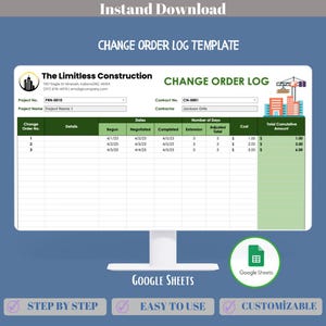 Modello di registro degli ordini di modifica per Fogli Google, strumento di monitoraggio dei contratti di costruzione modificabile, foglio di calcolo per la registrazione delle modifiche del progetto per appaltatori