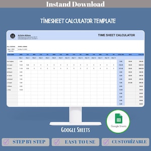 Timesheet Calculator Google Sheets Template, Work Hours Calculation Log, Editable Time Tracker, Payroll Summary Spreadsheet