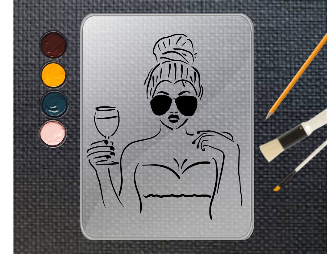 Canvas Stencil for Paint Parties Messy Bun Woman With Wine Etsy
