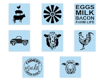 May include: Nine black and white stencils on a light blue background. The stencils include a cow, pig, chicken, windmill, truck, cow head, rooster, sheep head, and a circle with the text "Farmer's Market Open Daily".