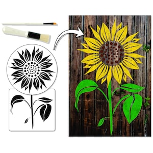 May include: A stencil of a sunflower with a brush and paint for creating a wood sign. The stencil is black and white and the sunflower is yellow and green.