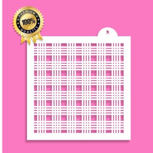 May include: A square white stencil featuring a repeating plaid or tartan grid pattern with thin vertical and horizontal lines. The stencil includes a small tab at the top center with a star cutout and a gold circular badge labeled 100% PREMIUM QUALITY.